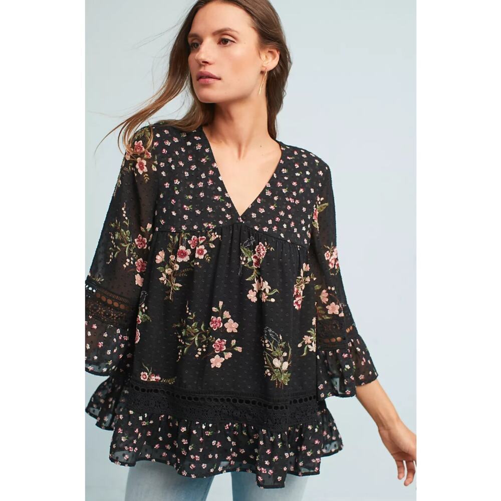 Maeve Steffy Bell-Sleeve Floral Blouse – Black, Size S